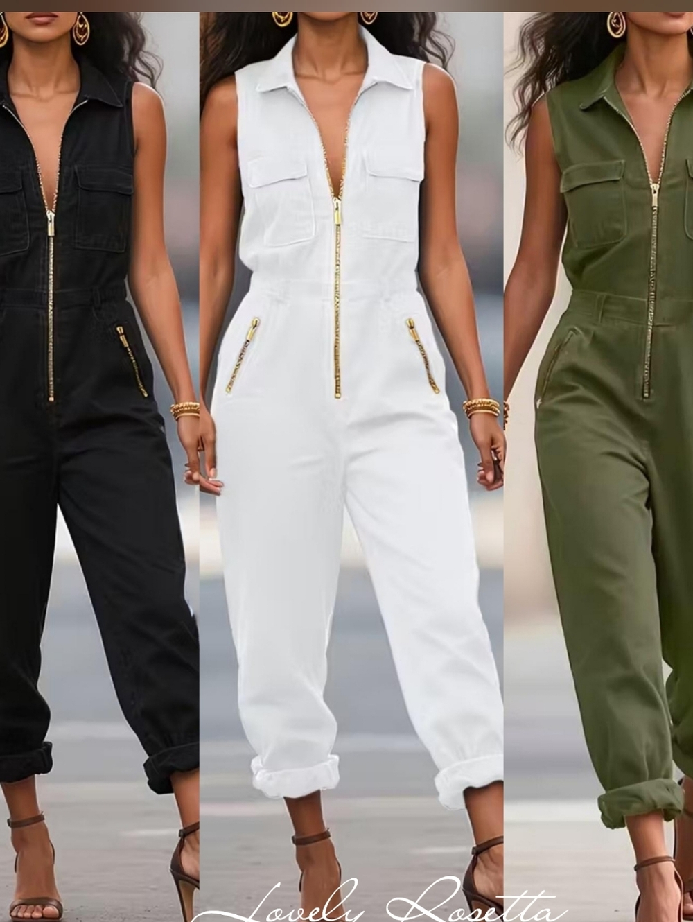 Sleeveless Blue Zip Jumpsuit - Picture 6 of 6
